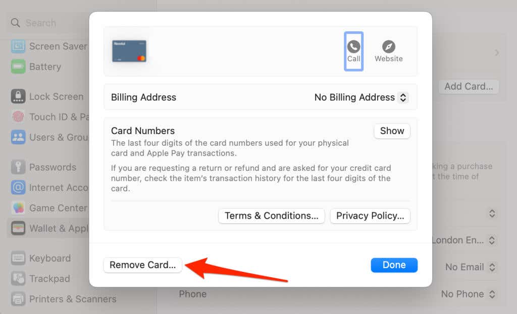 αφαίρεση μιας κάρτας πληρωμής της Apple σε Mac