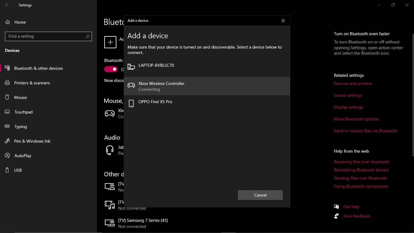 Ένα στιγμιότυπο οθόνης της επιλογής Προσθήκη συσκευής που διατίθεται μέσω των ρυθμίσεων Bluetooth ενός υπολογιστή με Windows