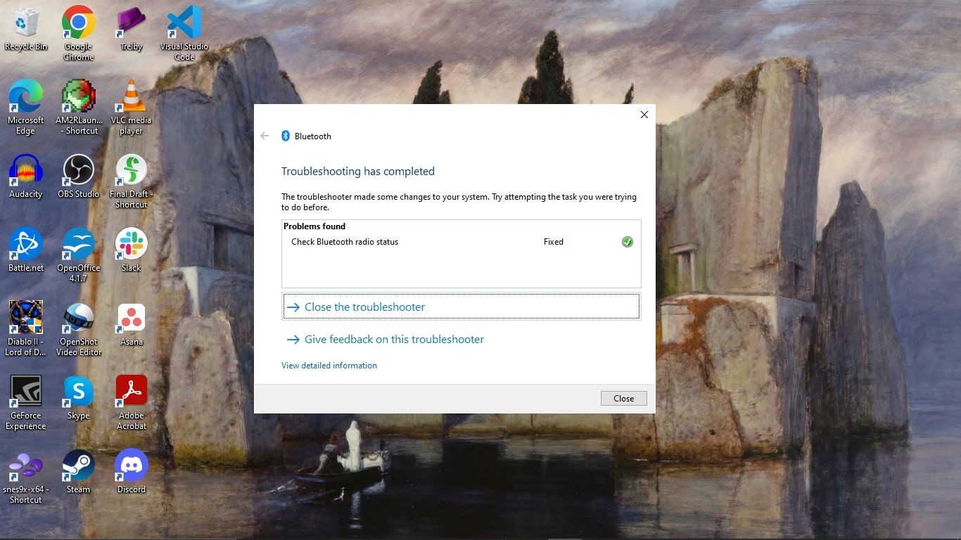 Ένα στιγμιότυπο οθόνης με διορθωμένα προβλήματα Bluetooth μέσω του Εργαλείου αντιμετώπισης προβλημάτων Bluetooth των Windows