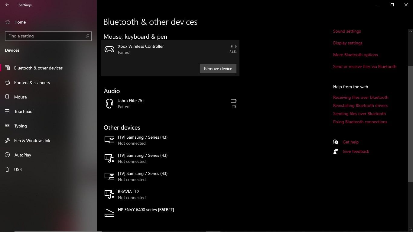 Ένα στιγμιότυπο οθόνης ενός ζευγαρωμένου ασύρματου ελεγκτή Xbox σε υπολογιστή με Windows με επισημασμένη την επιλογή Κατάργηση συσκευής