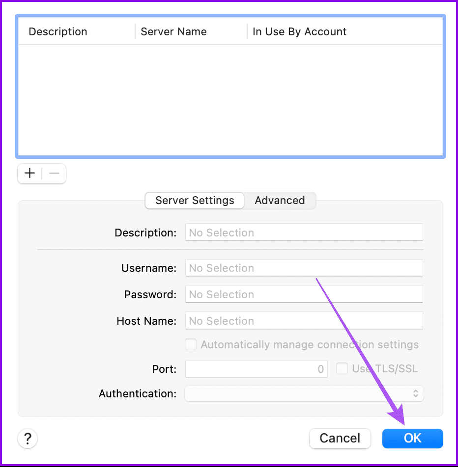 επιβεβαιώστε τις ρυθμίσεις διακομιστή smtp mail app mac