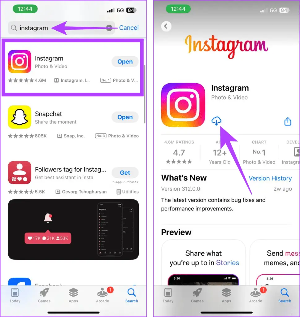 Εκκινήστε την αναζήτηση του App Store για το Instagram και πατήστε το εικονίδιο λήψης