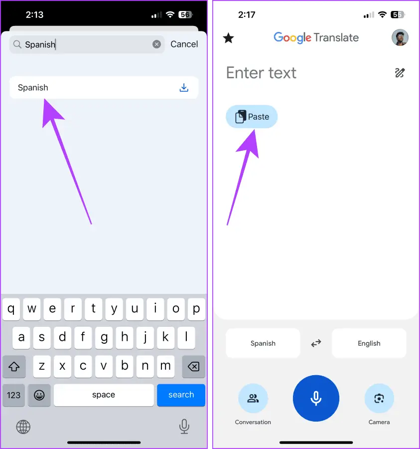 Επικόλληση κειμένου στην εφαρμογή Μετάφρασης Google για iPhone