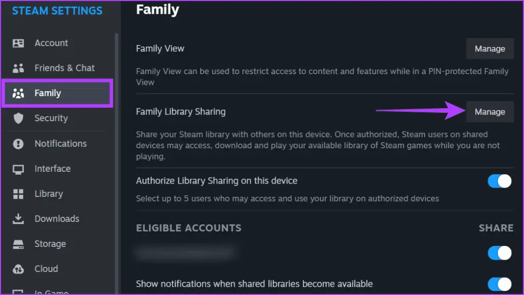 Επιλέξτε Οικογένεια και κάντε κλικ στο κουμπί Διαχείριση δίπλα στην Κοινή χρήση Οικογενειακής Βιβλιοθήκης