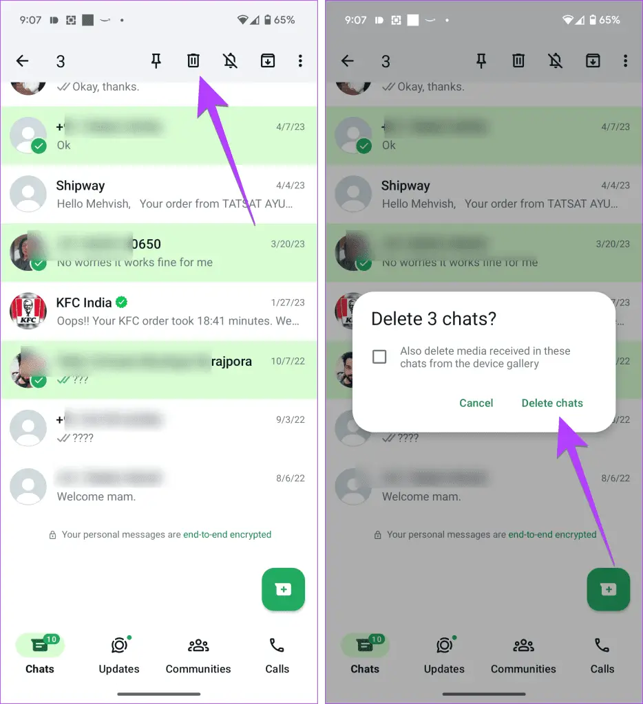 Διαγραφή πολλαπλών συνομιλιών whatsapp android