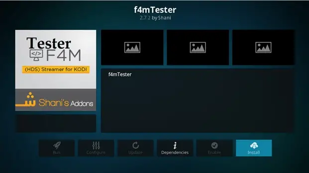 Κάντε κλικ στην Εγκατάσταση για να κατεβάσετε το πρόσθετο Kodi F4M tester.