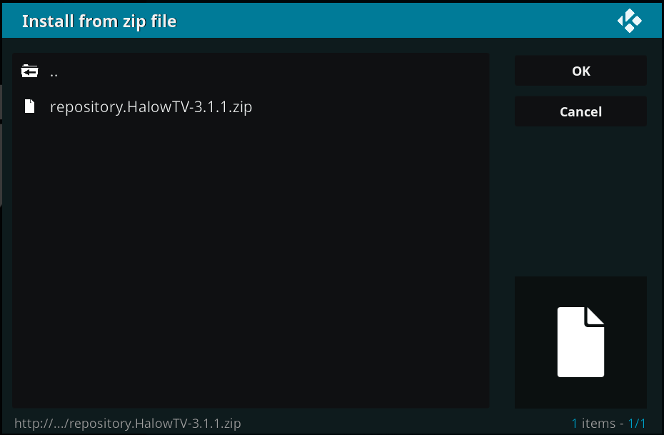 κάντε κλικ στο repository.HalowTV-3.1.1.zip για να εγκαταστήσετε το πρόσθετο Halow Live TV Kodi