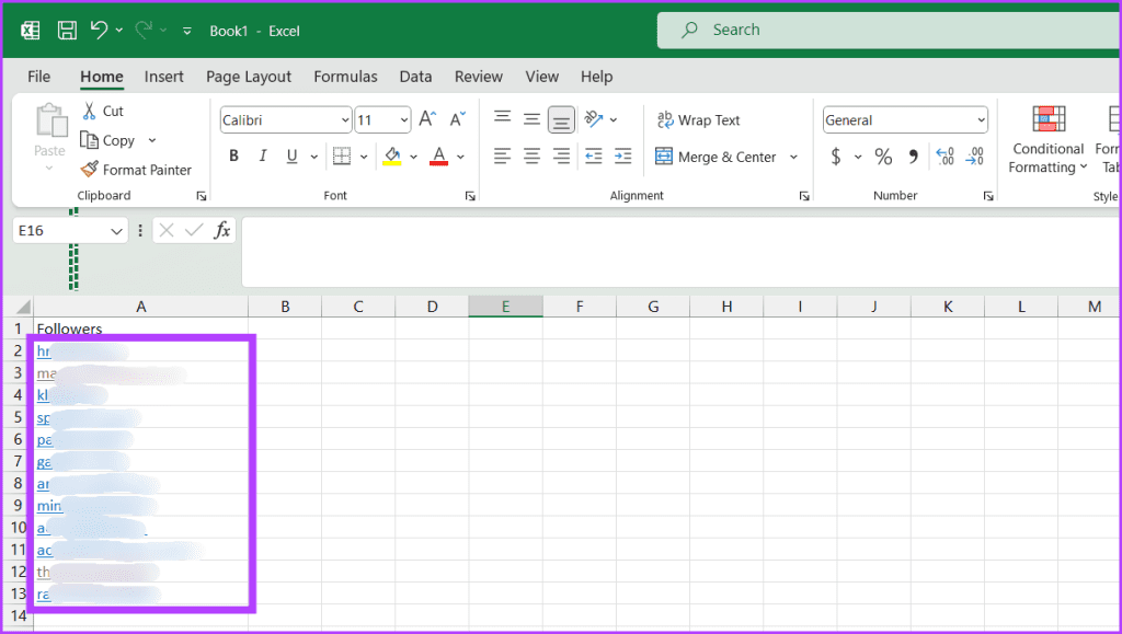 Ανοίξτε το Excel και επικολλήστε τα ονόματα χρήστη των ακολούθων