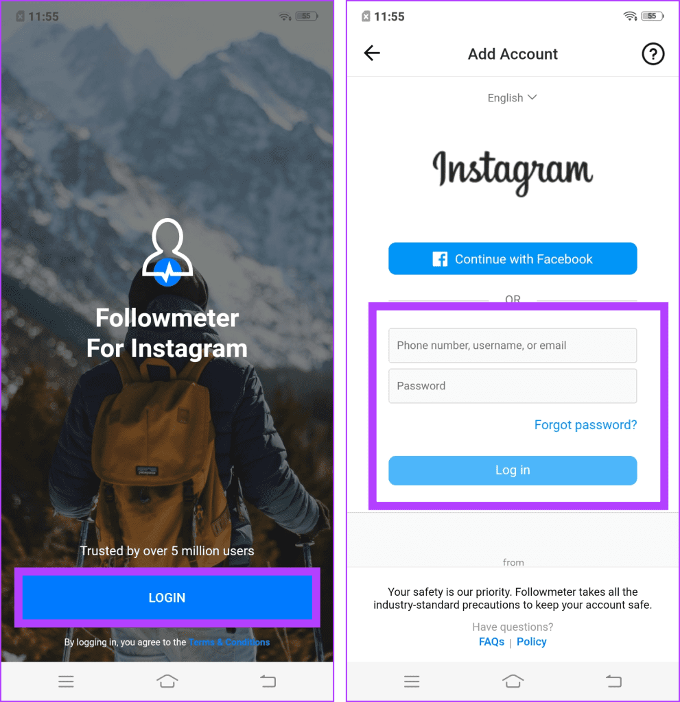 Πατήστε το κουμπί Σύνδεση στην εφαρμογή, πληκτρολογήστε το όνομα χρήστη και τον κωδικό πρόσβασης Instagram και πατήστε Σύνδεση