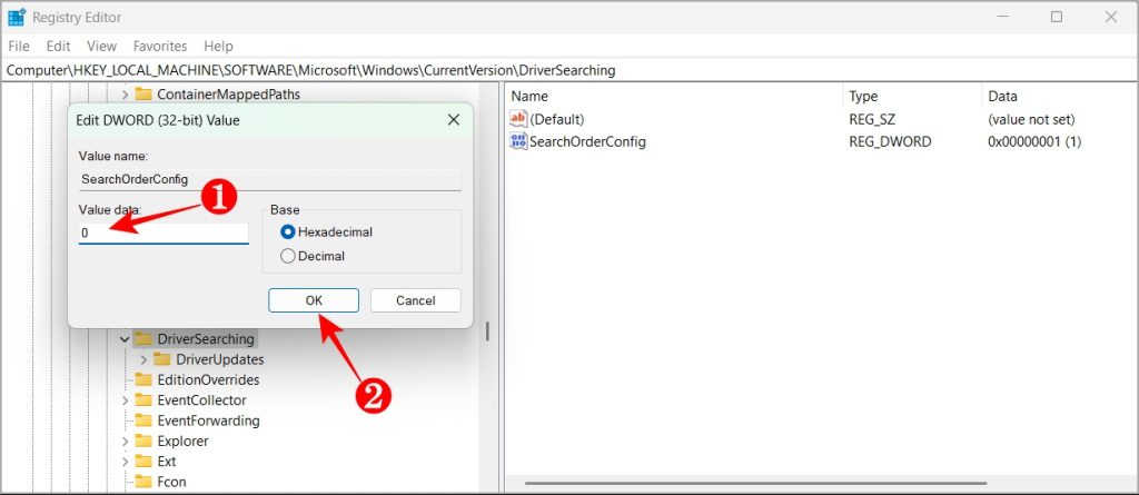 Προσθέστε 0 στο πλαίσιο Δεδομένα τιμής του SearchOrderConfig DWORD και πατήστε OK για να εφαρμόσετε την αλλαγή.