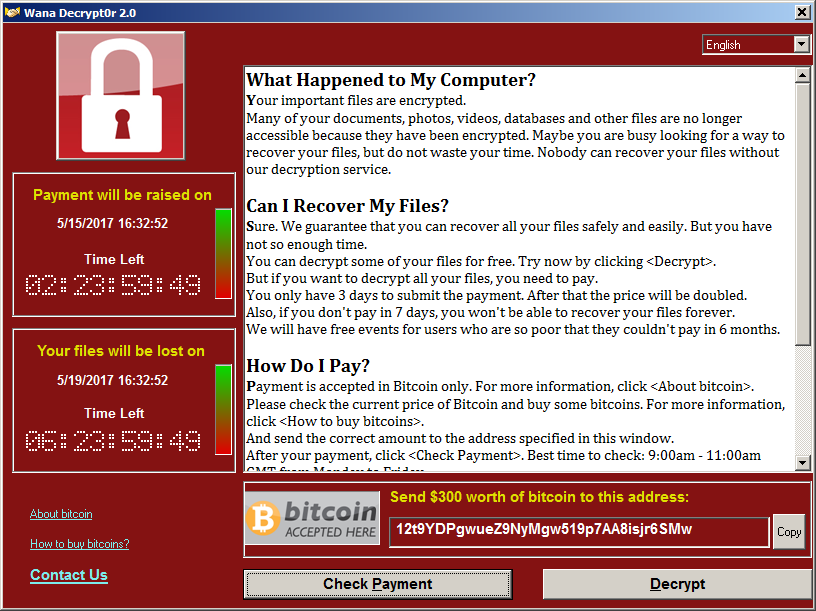 Η σημείωση WannaCry ransomware ransomware, που λέει στον χρήστη ότι ο υπολογιστής του έχει μολυνθεί, τα αρχεία του είναι κρυπτογραφημένα και για να αποκτήσουν πρόσβαση στα αρχεία τους πρέπει να πληρώσουν λύτρα