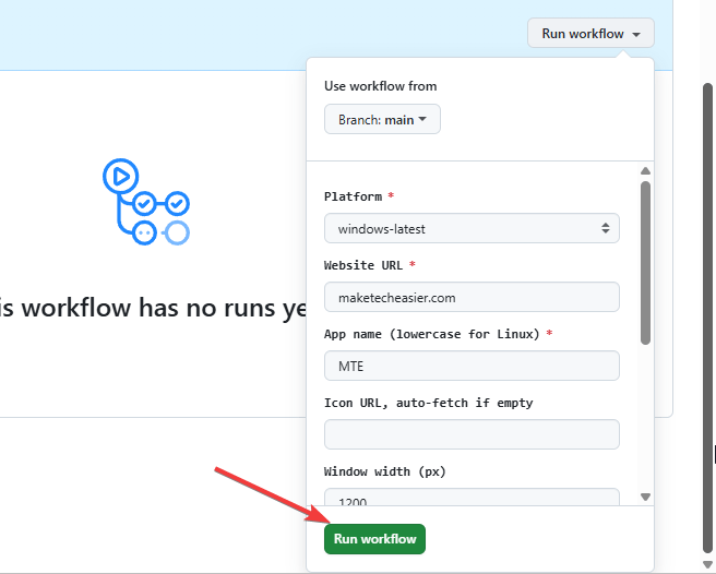 Συμπληρώστε τη φόρμα και κάντε κλικ στην επιλογή Εκτέλεση ροής εργασίας για να μετατρέψετε τον ιστότοπο σε εφαρμογή για υπολογιστές