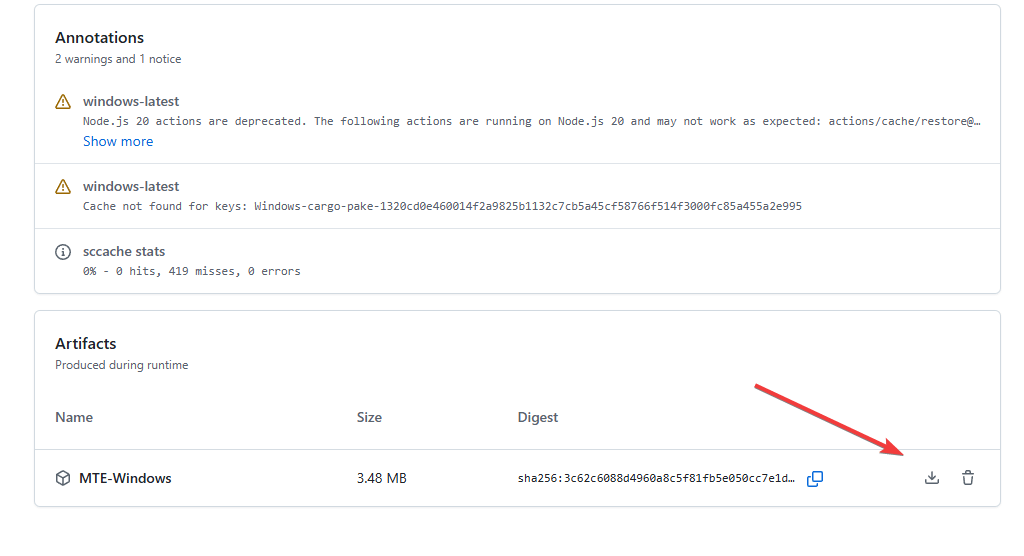 Κατεβάστε το πρόγραμμα εγκατάστασης Mte στην ενότητα Artifacts στο Github