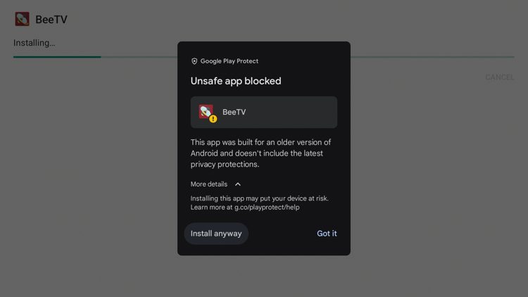 Εάν λάβετε αυτό το μήνυμα Google Play Protect, κάντε κλικ στην επιλογή Περισσότερες λεπτομέρειες και, στη συνέχεια, στην επιλογή Εγκατάσταση ούτως ή άλλως.