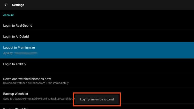Μήνυμα επιτυχίας για premiumize στο beeTV apk