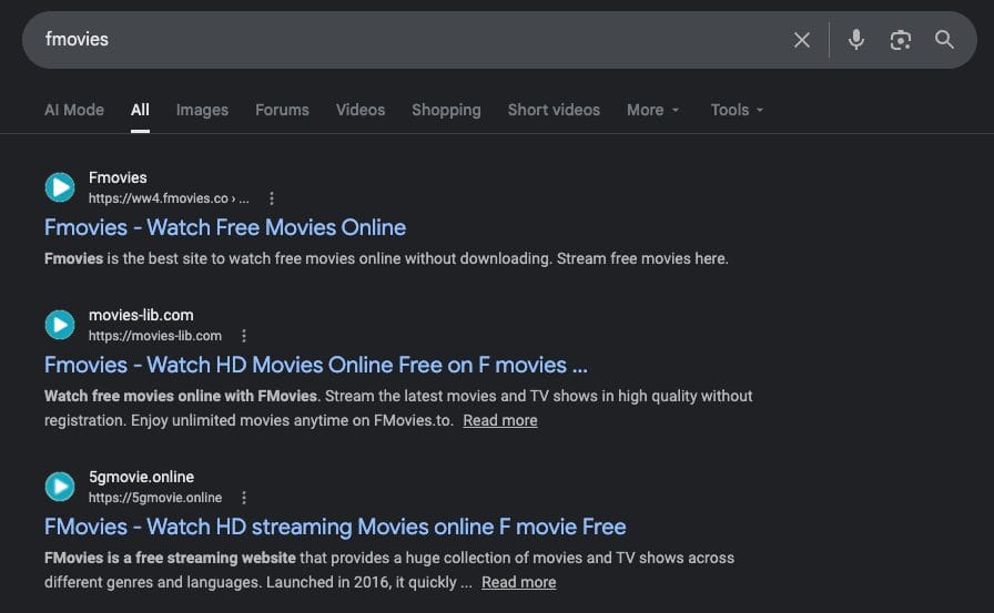 Αποτελέσματα αναζήτησης Google για 'FMovies'
