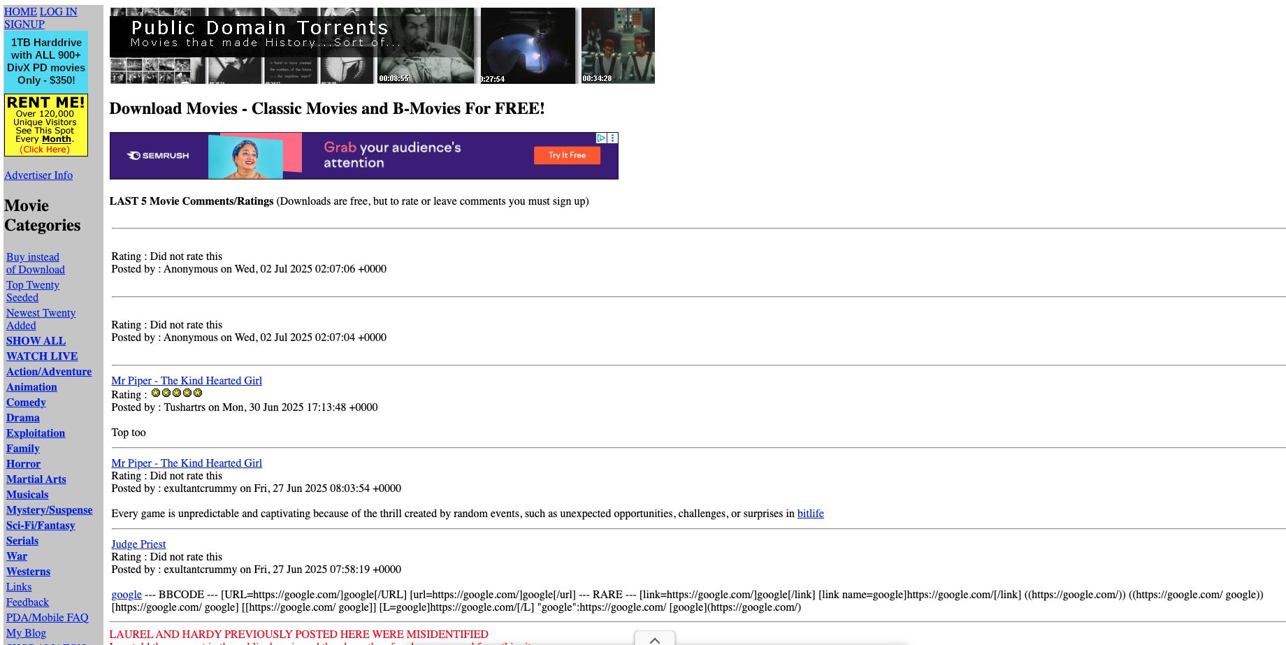 Η αρχική σελίδα του Public Domain Torrents με κλασικές ταινίες