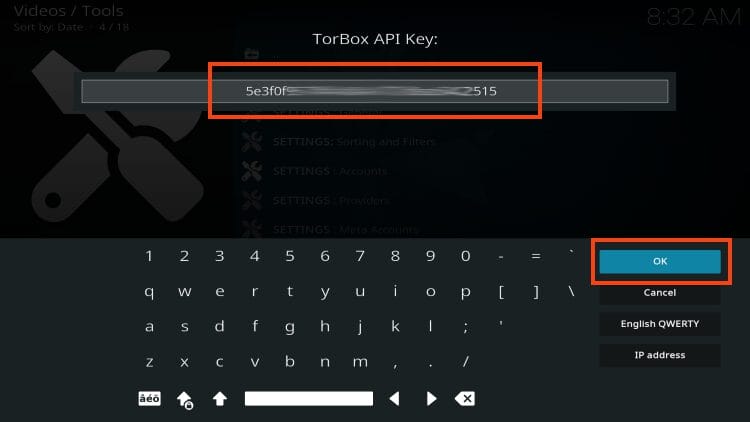 εισάγετε το κλειδί api του torbox σας