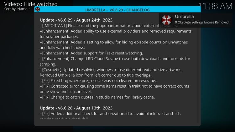 πρόσθετο kodi changelog ομπρέλας