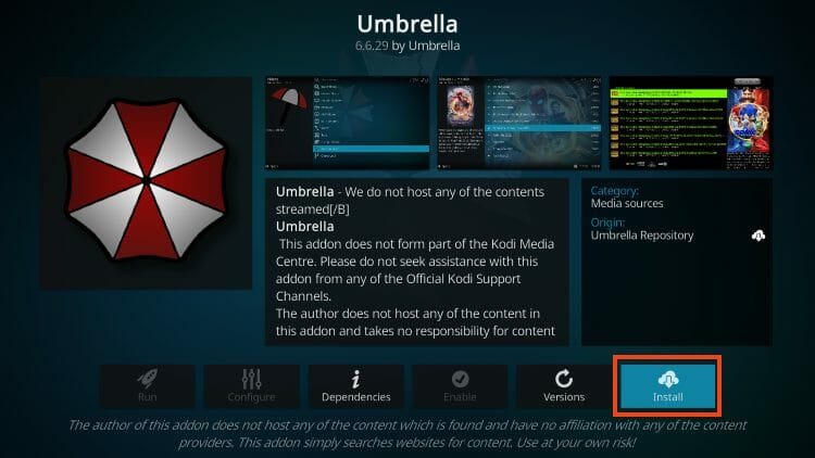 κάντε κλικ στην εγκατάσταση του πρόσθετου umbrella kodi