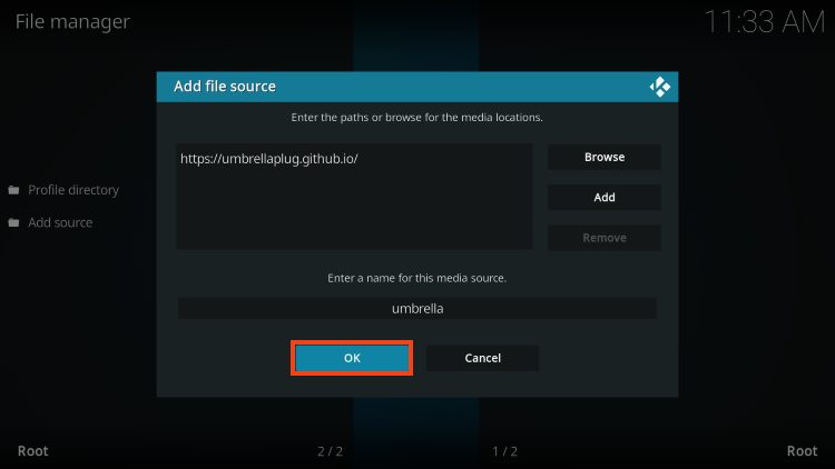 Πληκτρολογήστε umbrella for kodi και κάντε κλικ στο OK