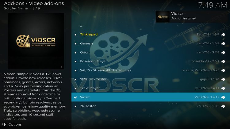 μήνυμα εγκατεστημένου πρόσθετου vidscr