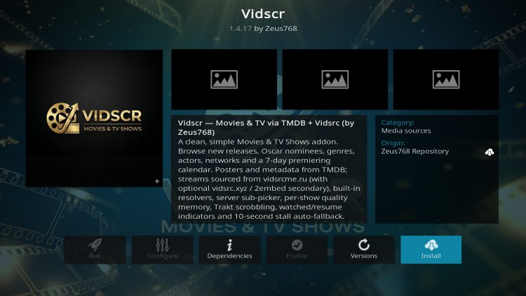 επιλέξτε εγκατάσταση πρόσθετου vidscr kodi