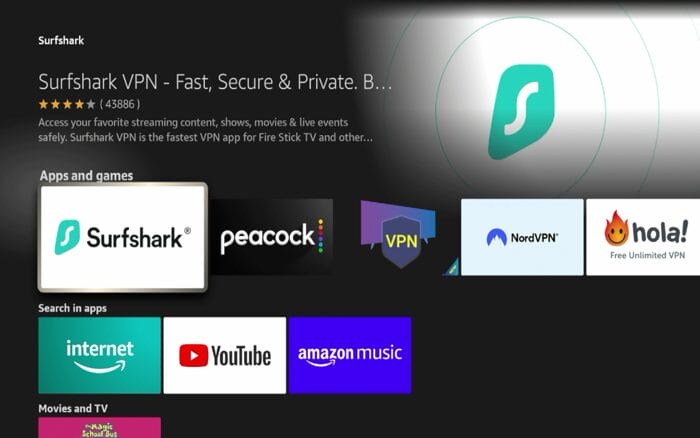 Επιλογή του Surfshark VPN στην ενότητα Apps and games