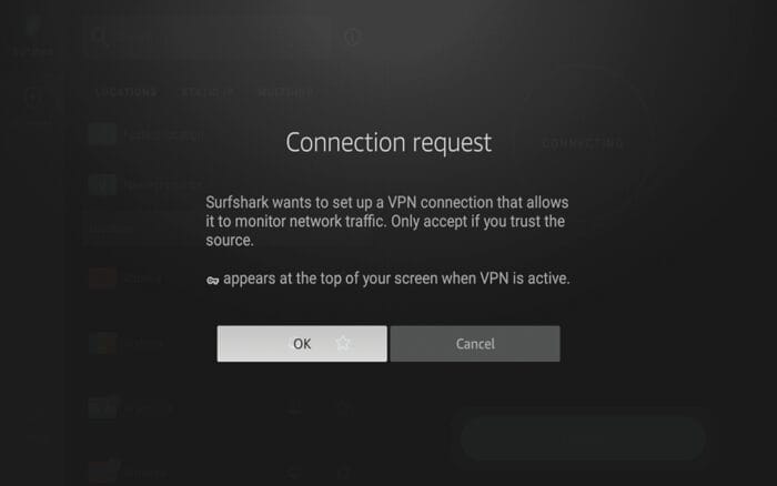 Μήνυμα Connection request στο Surfshark - πάτησε OK