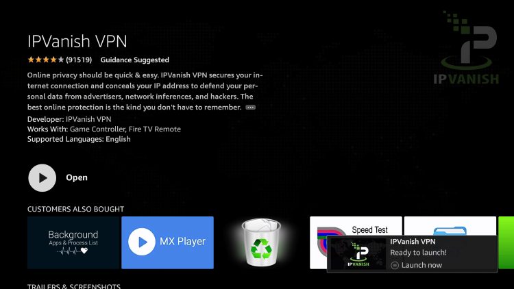 Μήνυμα IPVanish VPN Ready to Launch - άνοιγμα της εφαρμογής