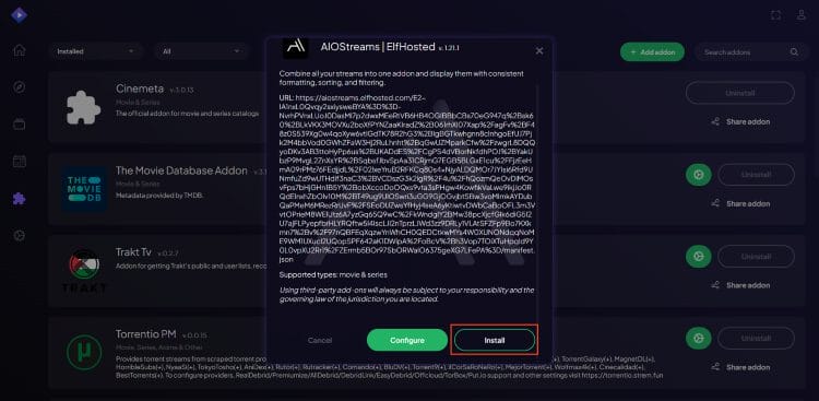 κάντε κλικ στην εγκατάσταση του πρόσθετου aiostreams stremio