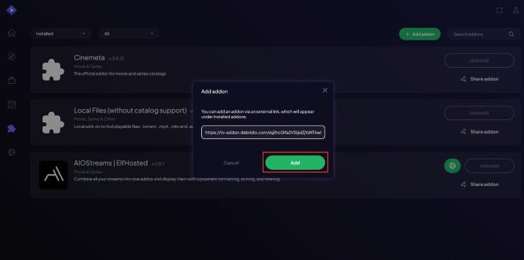 επικολλήστε τη διεύθυνση URL του debridio και κάντε κλικ στην προσθήκη