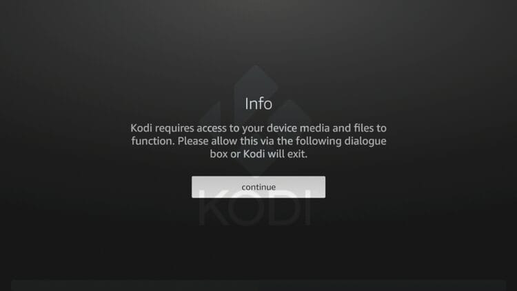 Εκκινήστε το Kodi για πρώτη φορά και κάντε κλικ στο κουμπί "Συνέχεια".