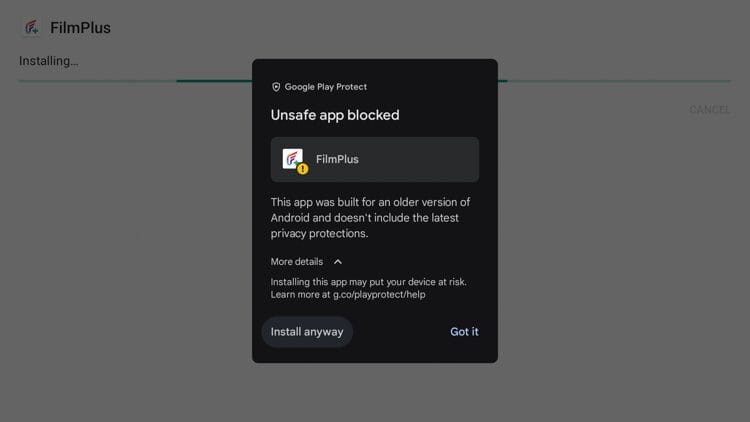 Εάν λάβετε αυτό το μήνυμα Google Play Protect, κάντε κλικ στην επιλογή Περισσότερες λεπτομέρειες και, στη συνέχεια, στην επιλογή Εγκατάσταση ούτως ή άλλως.
