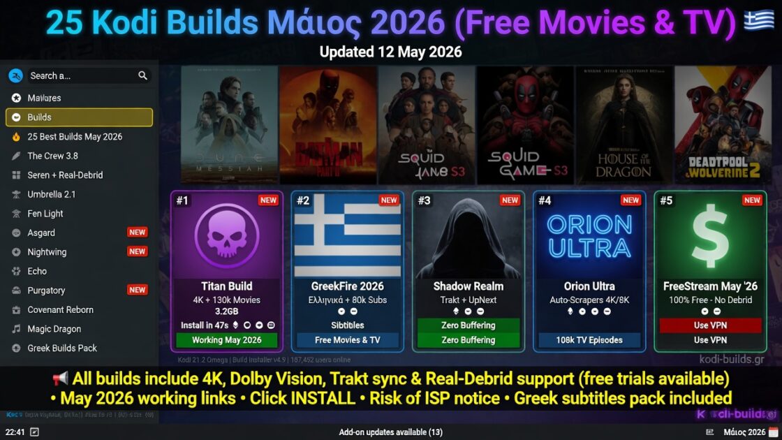 25 Kodi Builds Μάιος 2026 (Free Movies & TV)
