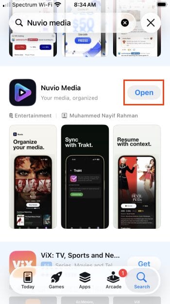 επιλέξτε άνοιγμα για nuvio σε ios