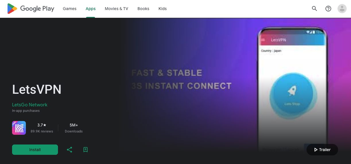 Το LetsVPN έχει πάνω από 5 εκατομμύρια λήψεις στο Google Play