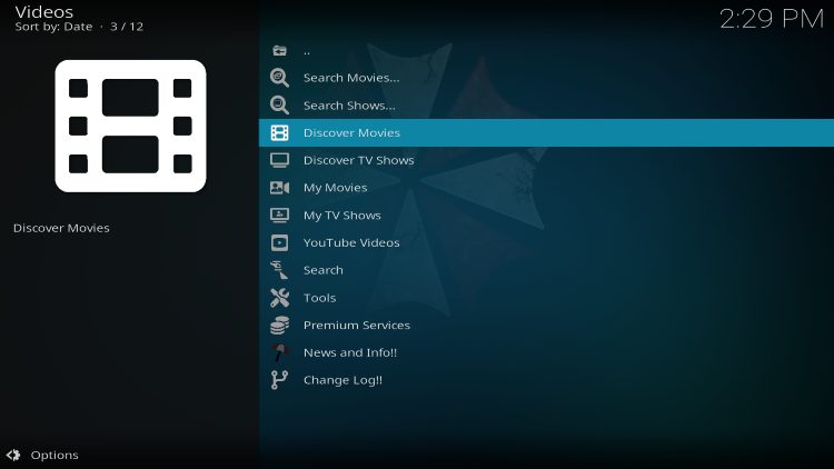 Αρχική οθόνη πρόσθετου Umbrella Kodi