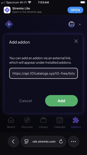 επικολλήστε τη διεύθυνση URL για το 101Catalogs Stremio Addon και κάντε κλικ στην προσθήκη