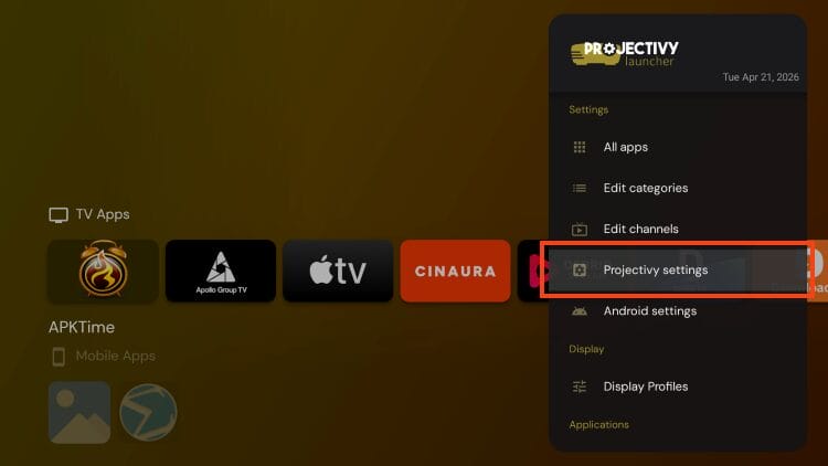 Οθόνη εφαρμογής Projectivy Launcher