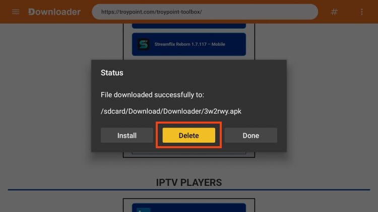 επιλέξτε delete για να καταργήσετε το αρχείο εγκατάστασης onstream