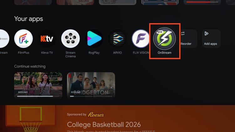 ανοίξτε το onstream από τη λίστα apps