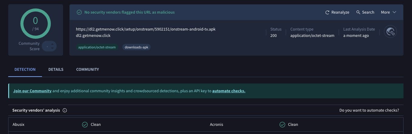 Σάρωση OnStream APK στο VirusTotal