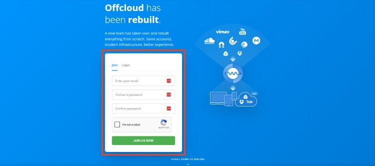 Εισαγάγετε email και κωδικό πρόσβασης για να εγγραφείτε στο offcloud