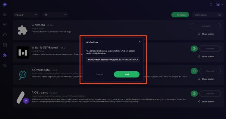 επικόλληση URL από το πρόσθετο Stremio