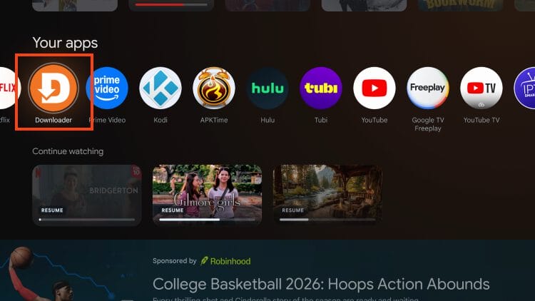 εκκίνηση του Downloader για εγκατάσταση εφαρμογής σε Android TV