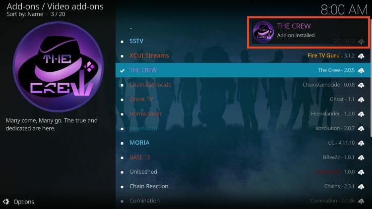 μήνυμα επιτυχημένης εγκατάστασης του The Crew Add-on