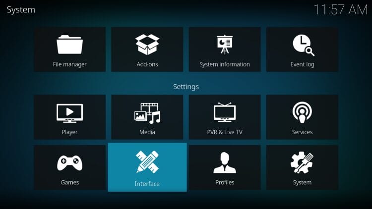 Επιλογή Interface στις Ρυθμίσεις του Kodi