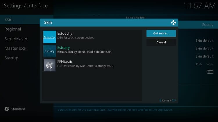 Κλικ στο Get more για να δεις τα διαθέσιμα skins του Kodi repository