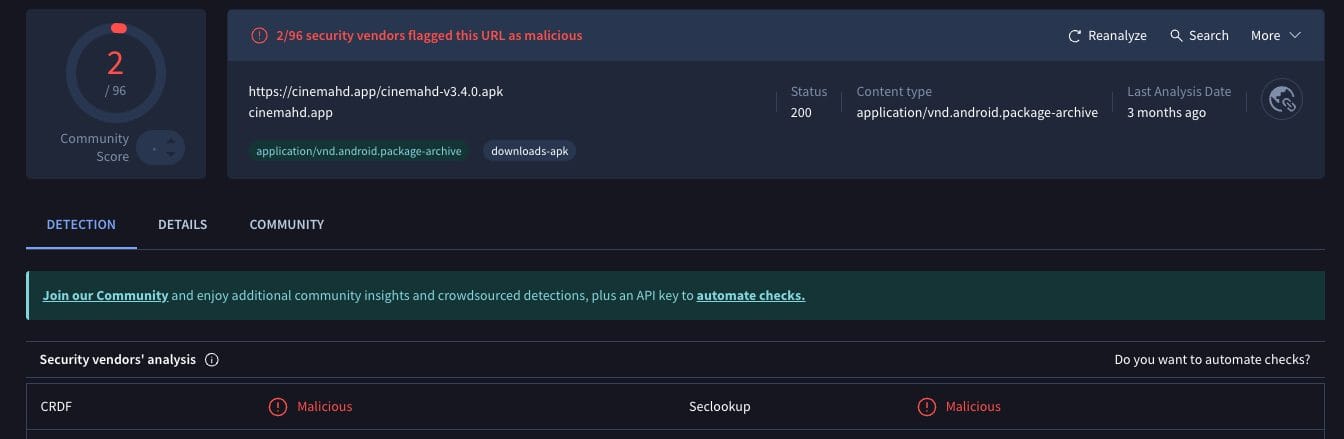 Σάρωση του VirusTotal για μη επαληθευμένο APK